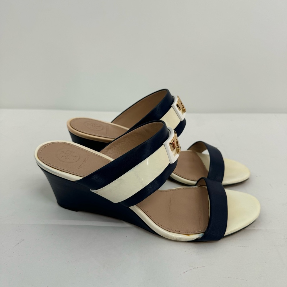 Tory Burch T Logo Wedge Strap Sandals Size 8 M Navy/Cream
